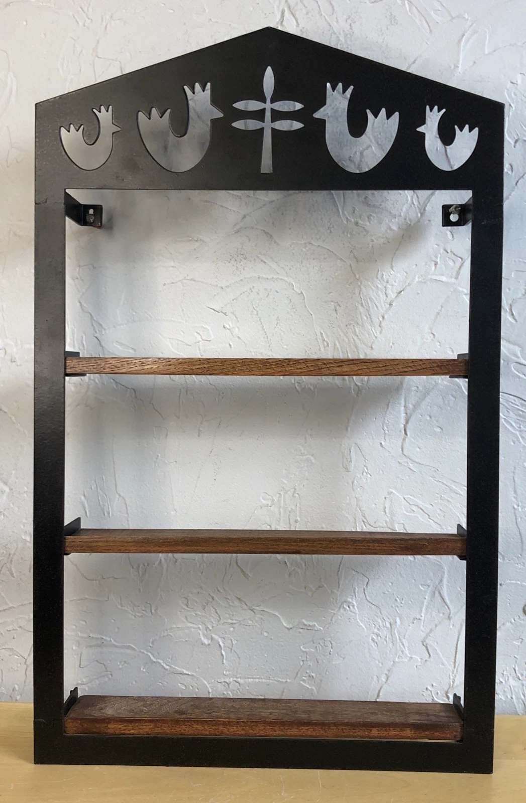 Vtg METAL Black SPECKLED Brown 3 Tier Shelf CUT OUT Birds SPICE JAR Rack Shelves