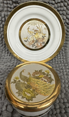 The Art of Chokin - Trinket Box & 6'' Plate w/Peacocks & Flowers - Lot of 2