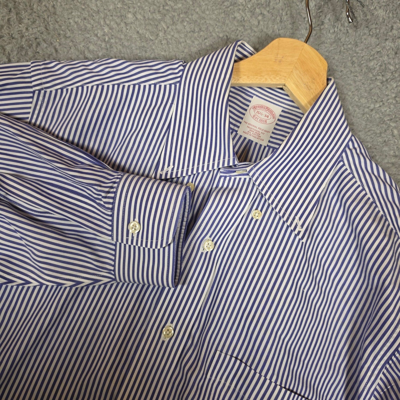 Brooks Brothers Button Down Shirt Mens 15.5-34 Blue Excellent Striped Polo Fit