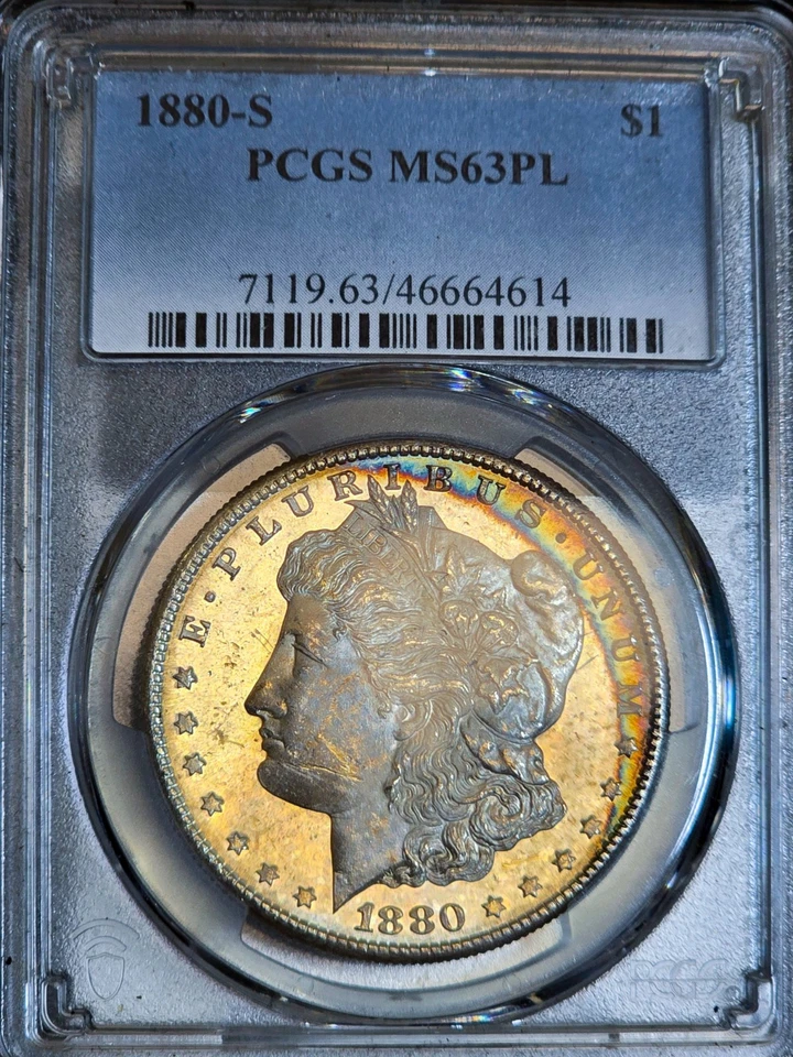 1880-S Morgan Silver Dollar PCGS MS63PL Rainbow Textile Toned Coin Proof Like BU - Image 2 of 4