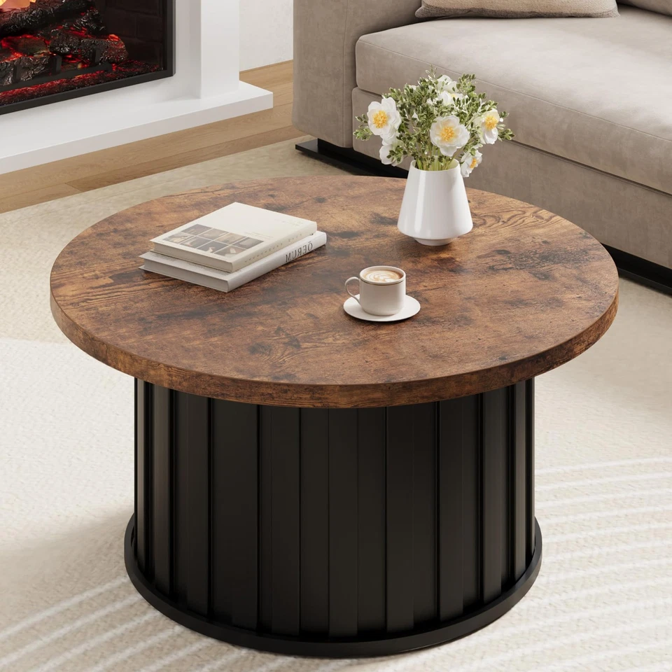 Round Coffee Table with Metal Base, Mid Century Modern Design, 31.9" Fluted C... - Image 4 of 4