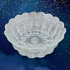 Vintage Pressed Glass Serving Bowl 9" - Scalloped Rim Starburst Base 4" Tall