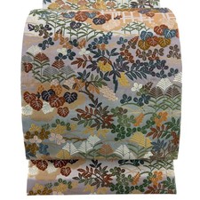 Japanese Kimono Fukuro obi excellent item flowers cloud pattern foil gray