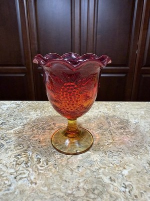 L E Smith Glass Fayette Amberina Grapes Leaves Riffled Top Compote Vase