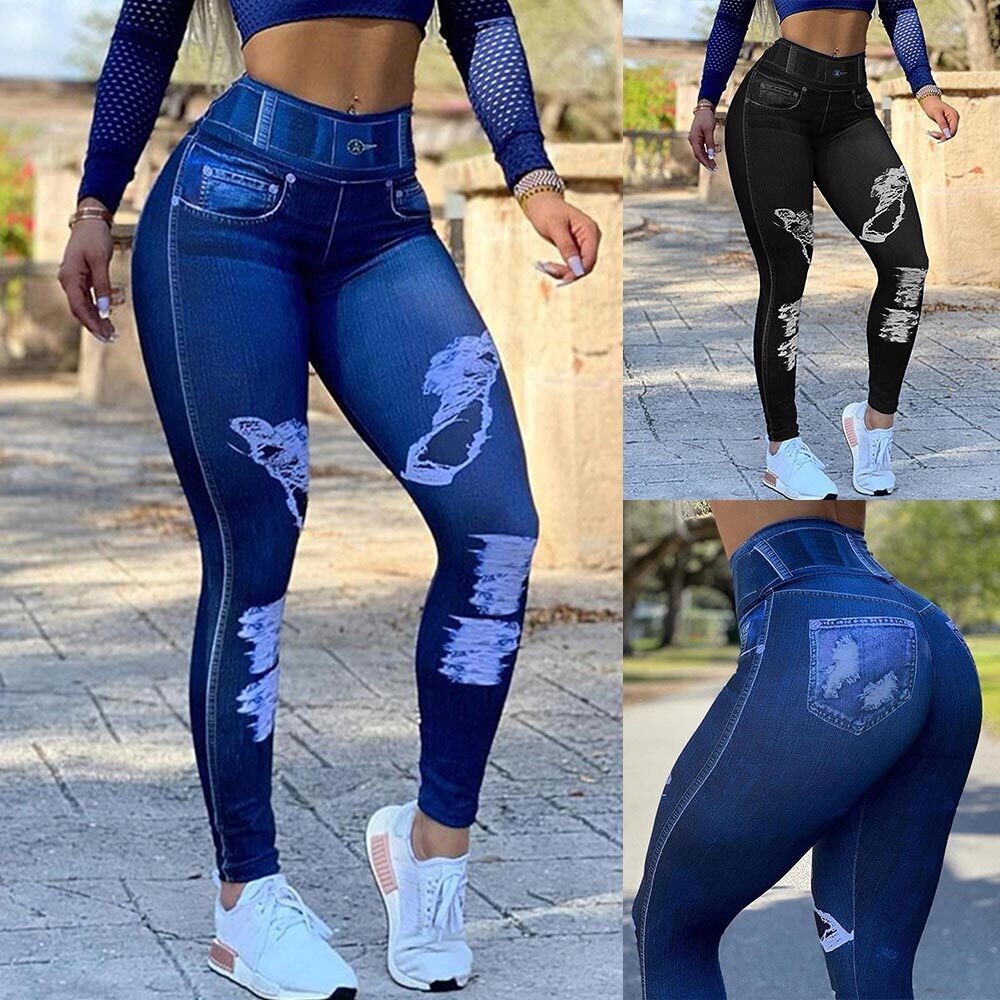 Women Ripped Skinny Print Leggings Denim Look Jeans Slim Jeggings Pants  Trousers | eBay