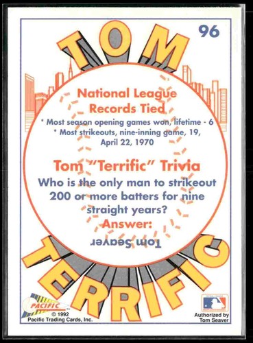 1992 Pacific Tom Seaver #96 Tom Seaver - Picture 2 of 2