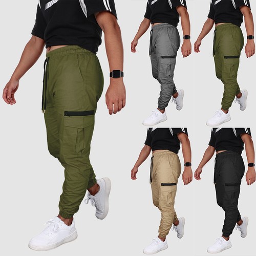 Mens Elasticated Waist Cargo Pant Pockets Combat Work Slim Fit Trousers Joggers