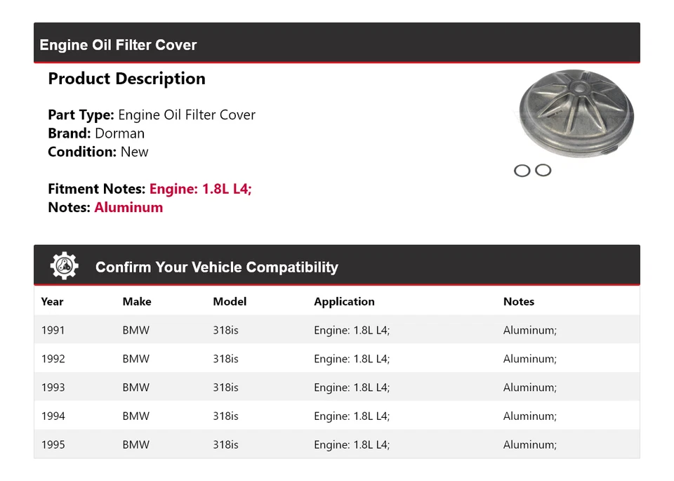 Cubierta de filtro de aceite de motor Dorman L4 1,8 L 1991-1995 BMW 318is 1992 1993 1994 Foto 2 de 4