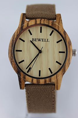 BEWELL Holzuhr Herrenuhr Damenuhr Zebranoholz 42mm Canvas Strap Top Geschenk