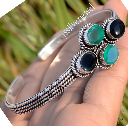 Bracelet Réglable En Argent Sterling 925 - Onyx Noir Et Opale De Feu - Fait Main