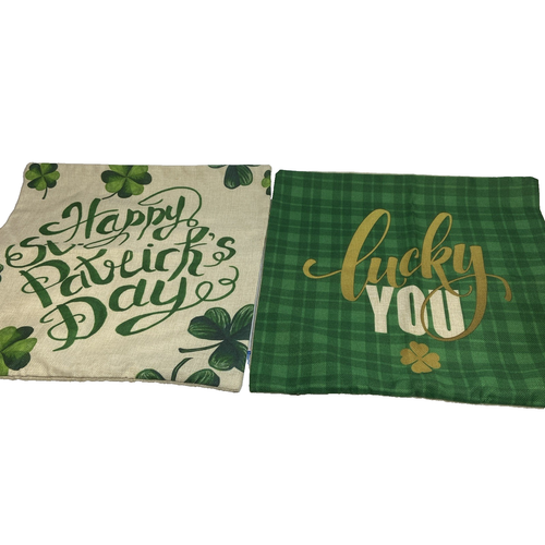 2 Pillow Cover Set Lucky St. Patrick Day Green Clover Linen 18x18in Holiday - 第 1/7 張圖片