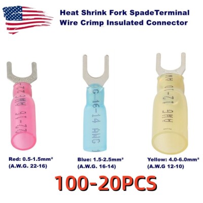 100PCS Insulated Fork Spade Terminals - 14-16 AWG Wire Crimp Connectors For Car Audio & Marine