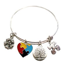 Autism Awareness Bracelet Puzzle Piece Charms Silver Wire 7-1/2" IN GIFT BAG