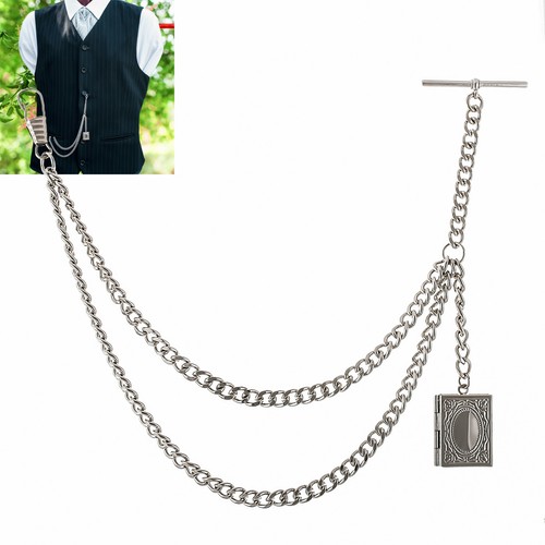 Brand New Silver Colour Single Albert Pocket Watch Chain With Locket 145 - Picture 3 of 8