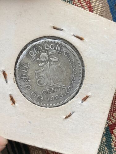 1893 Ceylon (Sri Lanka) Silver 50 Cents Coin - Picture 3 of 3