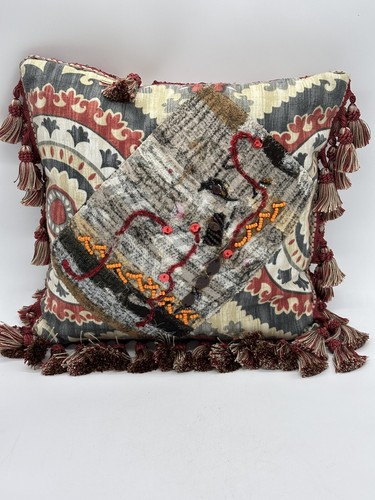 Decorative Boho Throw Pillow Beaded Sequins Embellished Abstract Design 12”x12” - Picture 2 of 13