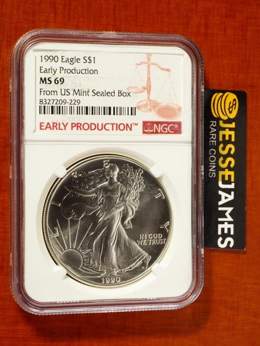 1990 $1 SILVER EAGLE NGC MS69 EARLY PRODUCTION FROM US MINT SEALED BOX LABEL