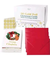 Assorted Christmas Cards- Gold Foil, Sealing Stickers & Envelops, 30 Count 4x6in