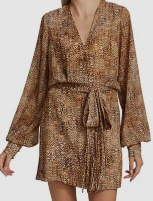 $396 Alexis Women's Brown Leopard Self-Tie Dula Mini Dress Size L