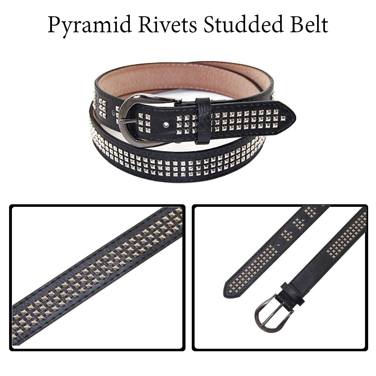 Edgy Unisex Punk Goth Leather Belt with 3-Row Pyramid Studs & Silver Buckle