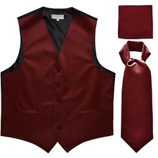 New Men's Solid Tuxedo Vest Waistcoat  Ascot Cravat Burgundy Wedding formal