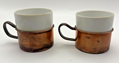 Coffee Espresso Tea Cup pair Copper White Porcelain VTG SPAL Portugal Demitasse