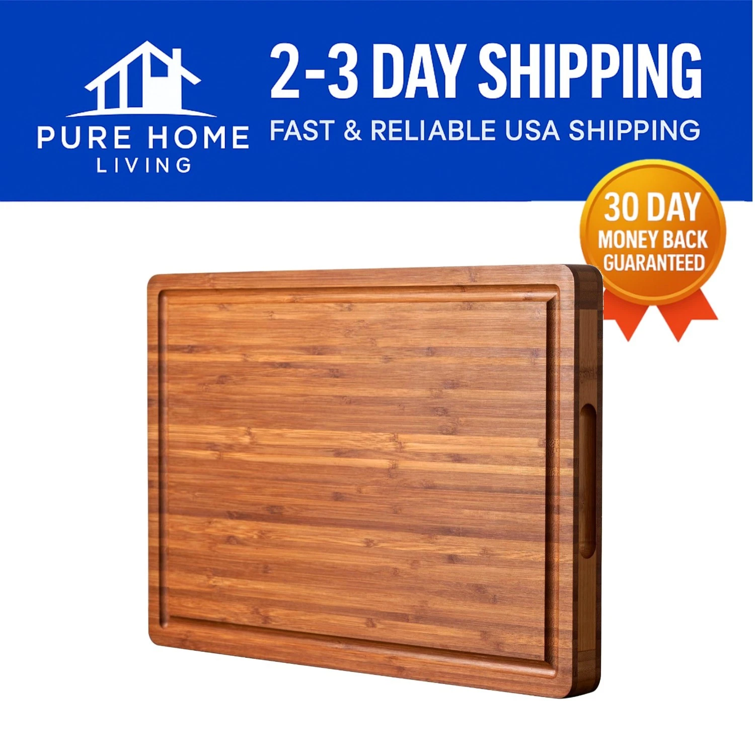 Sturdy 1" Thick Bamboo Kitchen Cutting Board with Easy Grip Handles & Grooves