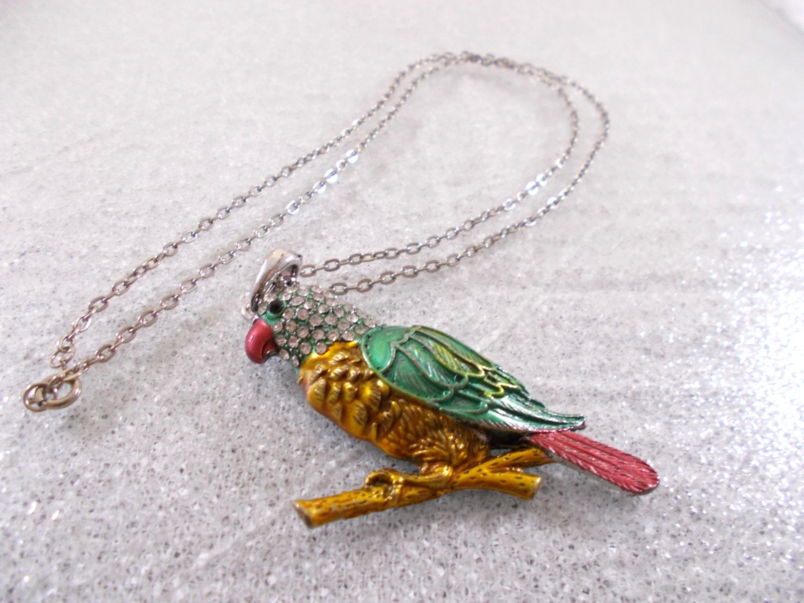 Rhinestone and Enamel Silver Tone Parrot Pendant Necklace Free Shipping