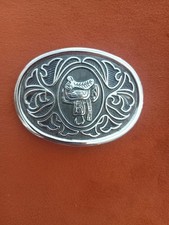 Vintage AVON Oval Belt Buckle Western Design w/Horse Saddle Silver Color