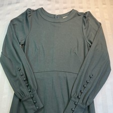 LOFT Size 0 Deep Green Fit-Flare Dress Long Bishop Sleeves Knee Length Zip Back