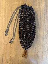 Antique Art Deco Black Crochet  Amber Beaded Drawstring Bag Pouch Tassel Metal