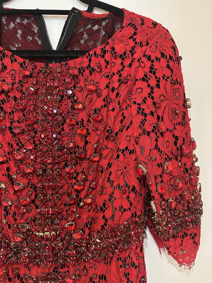 Dolce & Gabbana F/W 2013 Crystal Embellished Red Lace Dress Size