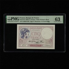 1939-41 France Banque De France 5 Francs Pick#83 PMG 63 Choice UNC