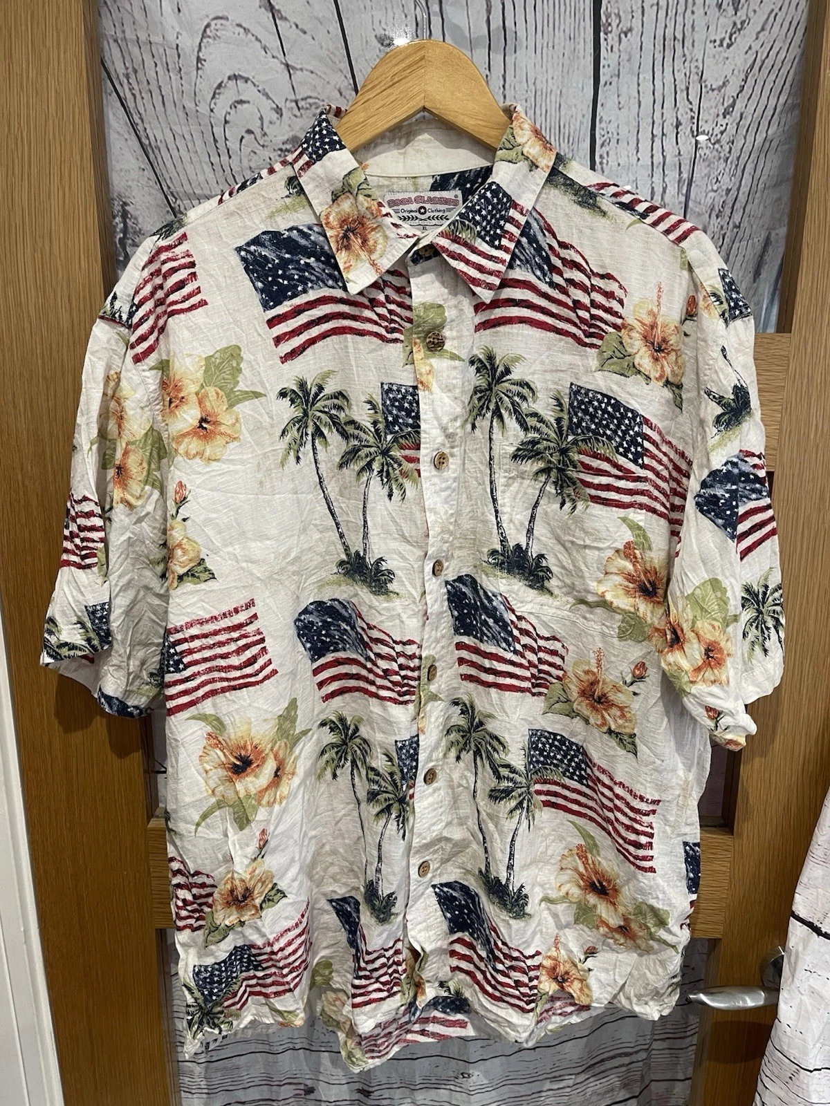 Boca Classics XL USA Flag Palm Tree Hawaain Tropical Aloha Holiday Floral Shirt