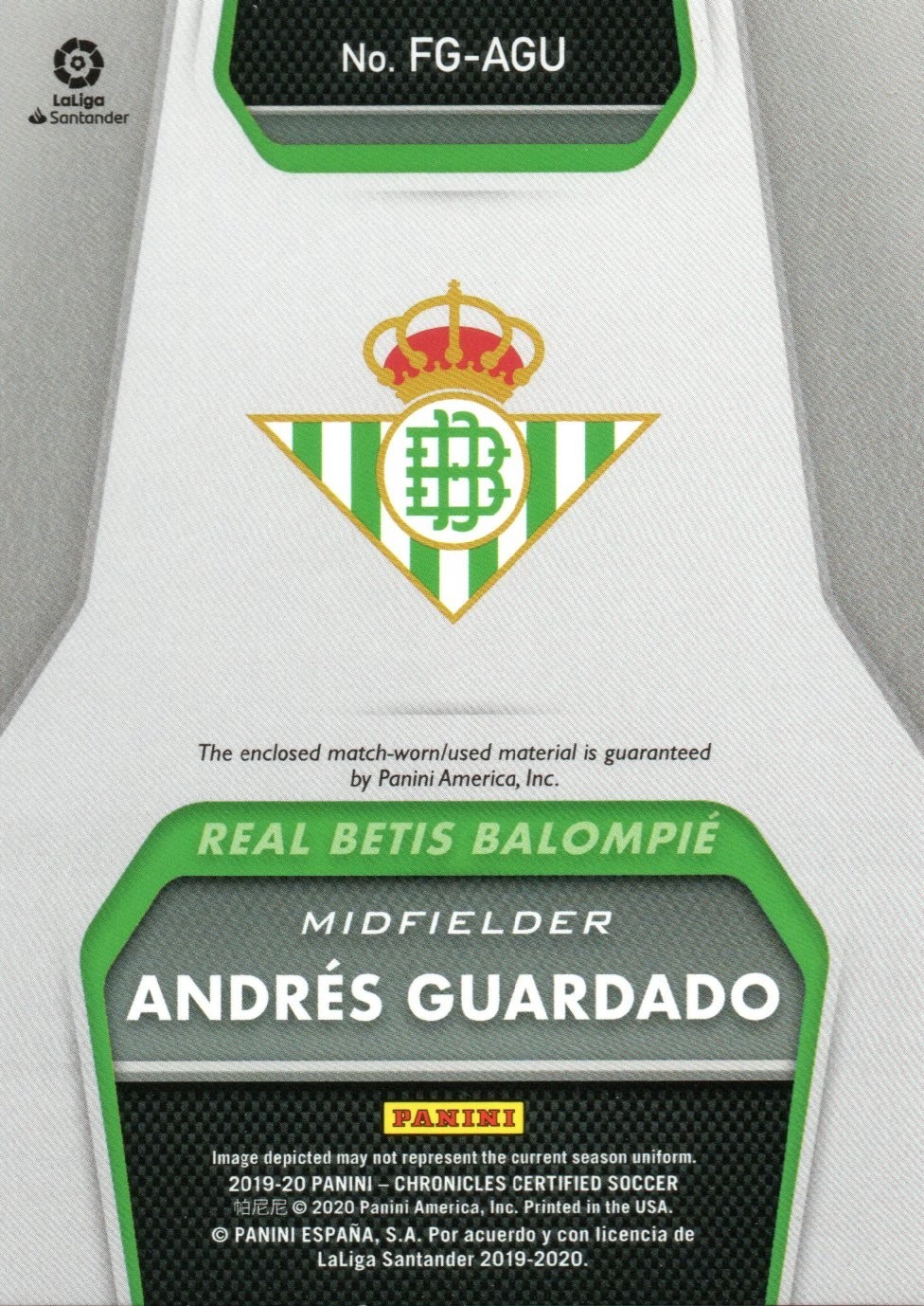 Panini Fabric of the Game Andres Guardado Match Worn Relic Real Betis