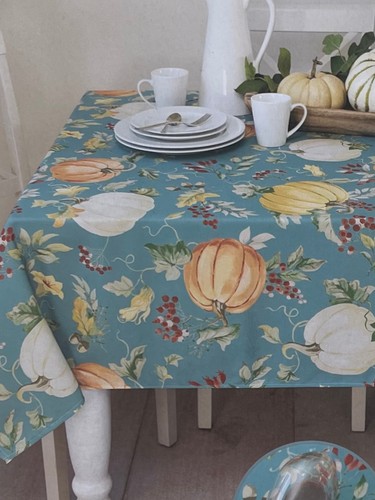 Pumpkin Field Autumn Indoor Outdoor Teal Tablecloth with Leaves Berries 60x84 Ob - Picture 3 of 3