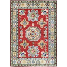4'10"x6'10" Red Kazak with Tribal Motif Hand Knotted Soft Wool Oriental Rug R325