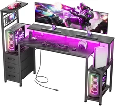 55 Inch Gaming Desk with LED Lights & Power Outlets,Computer Desk with Fabric Dr