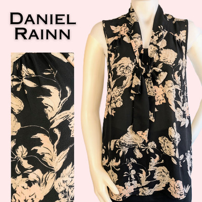 Daniel Rainn Sleeveless Blouse Medium Black Taupe Pink Floral Tie Layer Career