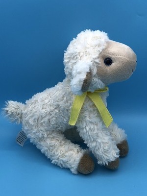 TJM Ostern weißes Baby Frühling Lamm GELB Schleife weiches Plüsch Schaf Bauernhof Tier 22 cm