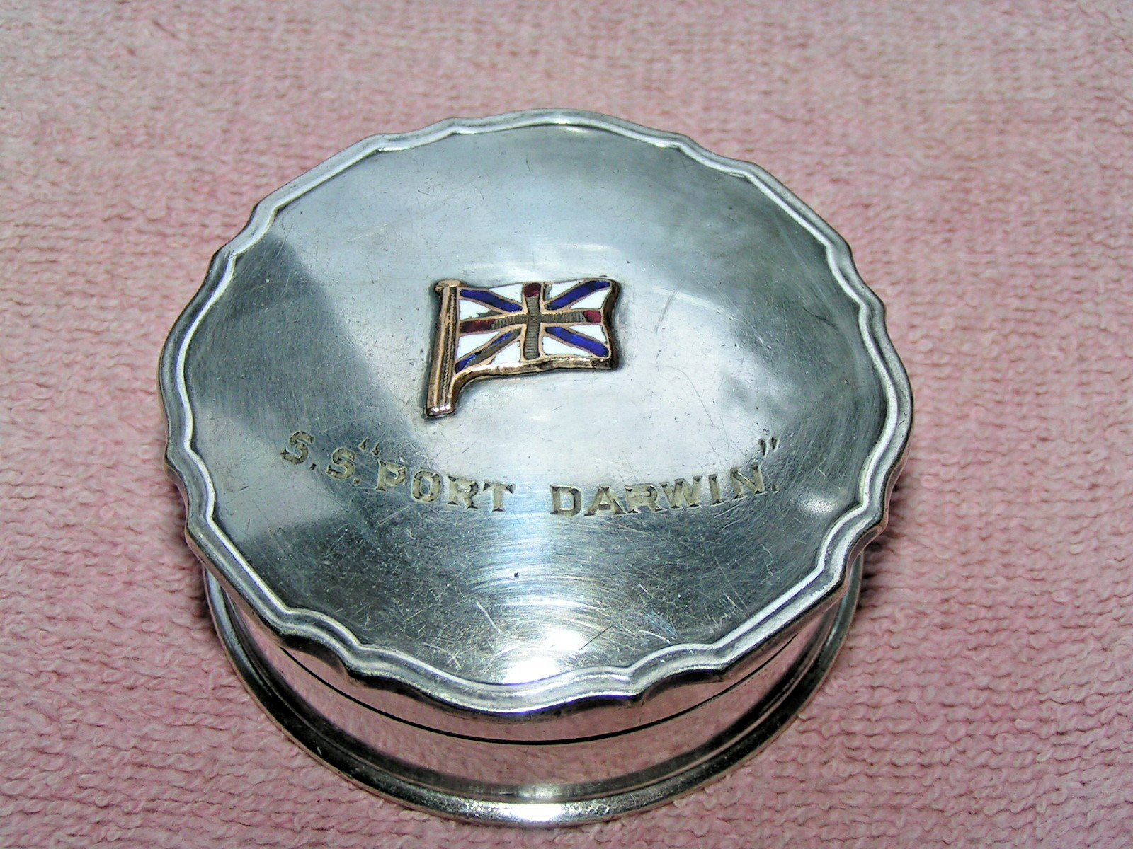 SS Port Darwin Steamship Silver Plate Covered Makeup, Jewelry, Snuff, Chew Box