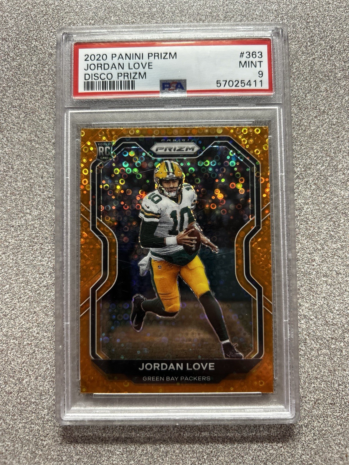 Panini Prizm 2020 Jordan Love #363 Orange Disco Prizm Rookie Packers PSA 9