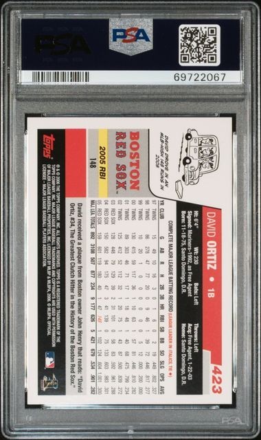 David Ortiz PSA 9 MINT - 2006 Topps # 423 - Boston Red Sox DH / Hall Of Fame view 4