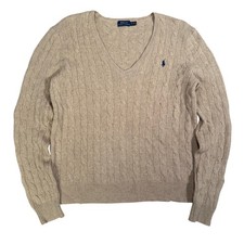 Polo Ralph Lauren Women s M Beige Cable Knit V-Neck Sweater Wool Cashmere Blend