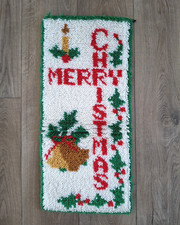 Vintage  Merry Christmas  Latch Hook Wall Hanging 27  x 12" Bells, Holly, Candle