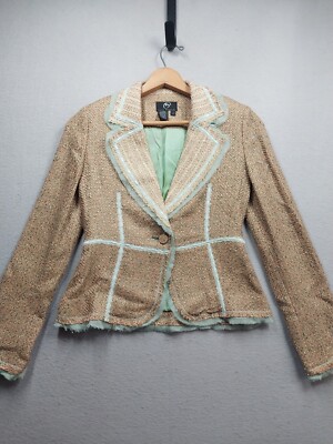 True Meaning Blazer Jacket Womens 4 Fringe Tan Light Green 1 Button Lined Coat