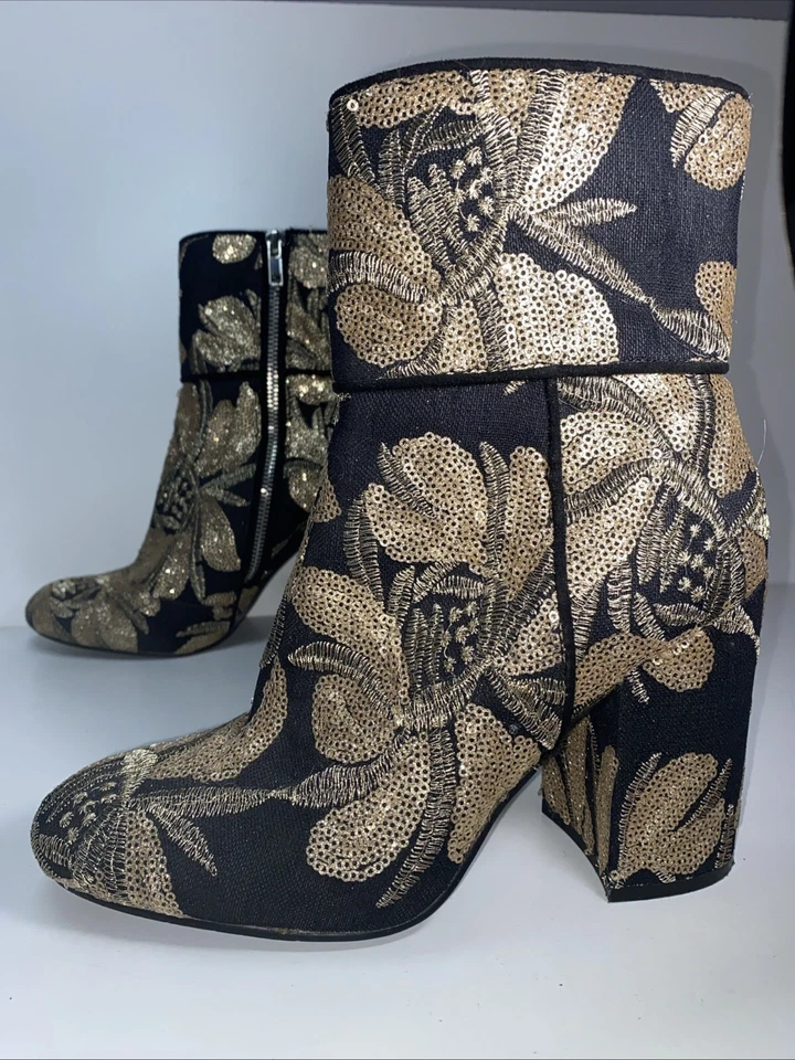 Steve Madden Goldie Bota Glam Adornada Tacón Lentejuelas Metálicas Negro Dorado Talla 7.5 Foto 3 de 4