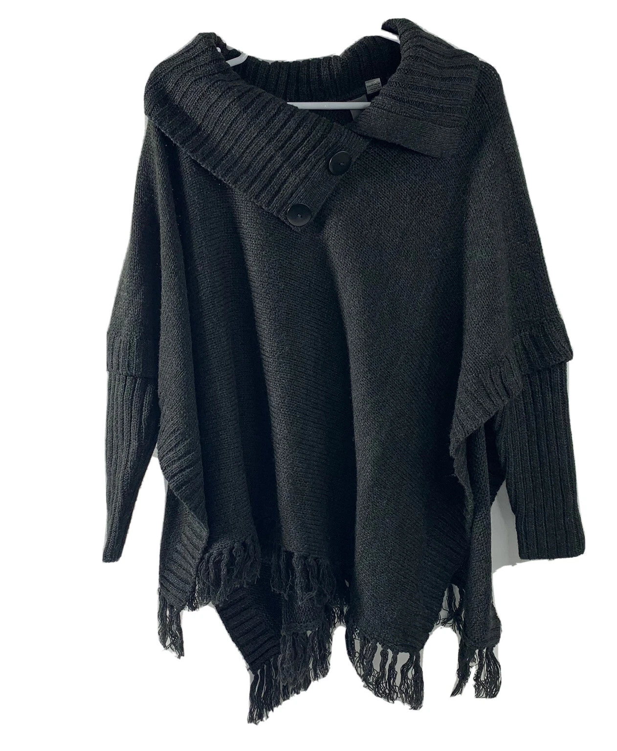 Quinn Gray Sweater Cape Poncho Fringe Festival Witchy Lagenlook Womens S Boho