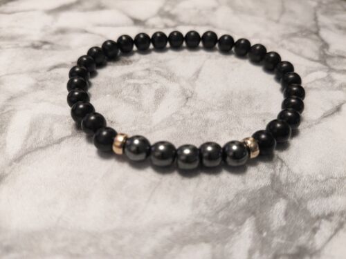 mens 9ct gold bracelet natural black jet Hematite Fathers Day Gift  - Picture 1 of 8