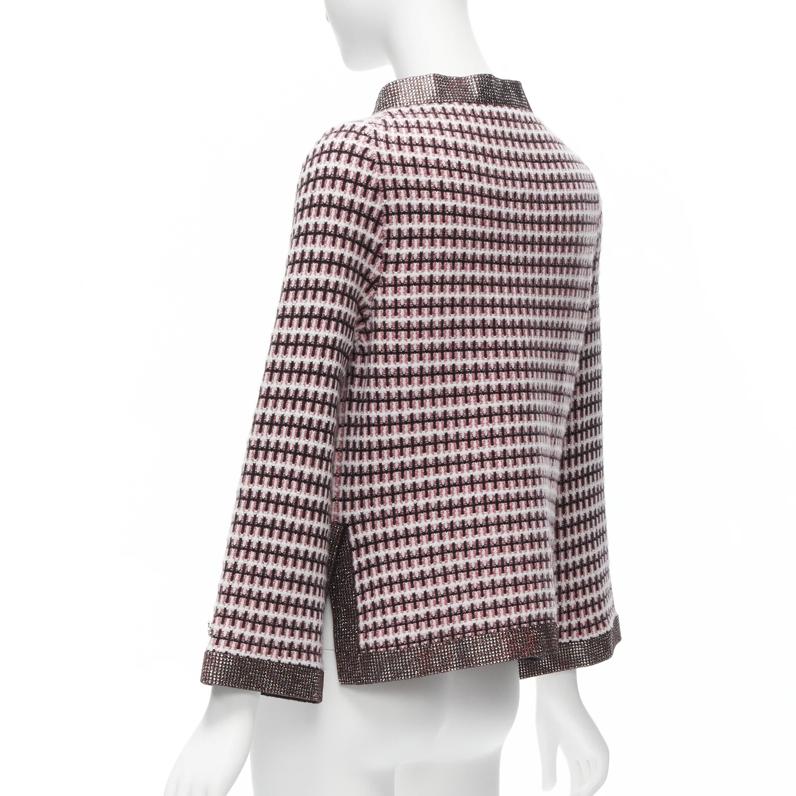 Giacca cardigan CHANEL rosa 100% cashmere tweed bordo cristallo swing FR34 XS